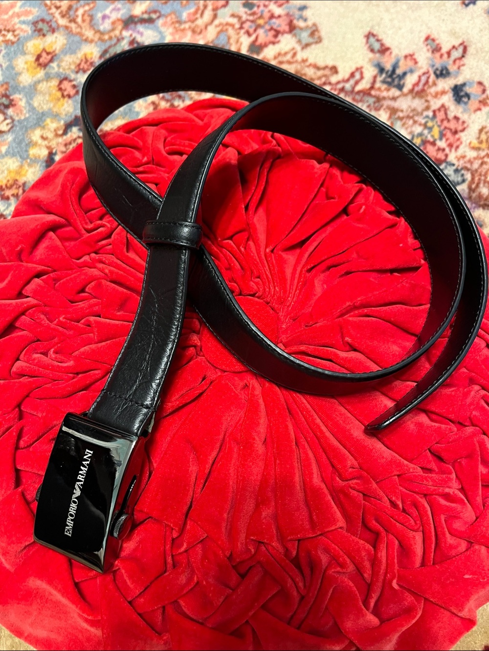 Emporio Armani Black Leather Belt with Glossy Logo Buckle